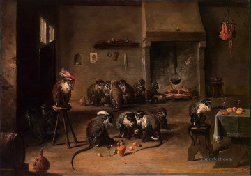 動物 Painting - テニエ デヴィッド 2 世 キッチンの猿たち